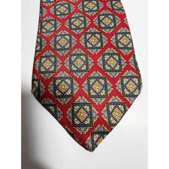 VTG Burberry Red Geometric 100% Silk Necktie Tie Made in USA by Hand - Picture 2 of 5